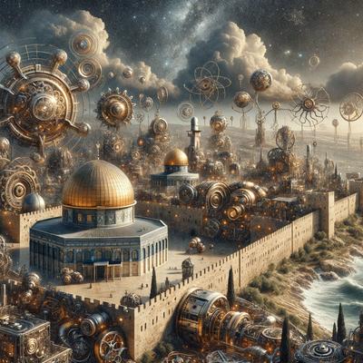 Primary subject: A futuristic city with a large dome and a clock tower.

Setting/background: The city is set in a desert-like environment, with a sky filled with strange and intricate clockwork mechanisms.

Visual style: The image is a digital art piece, featuring a combination of futuristic architecture and intricate clockwork designs.

Colors and mood: The colors in the image are predominantly dark and muted, with the clockwork mechanisms adding a sense of intr